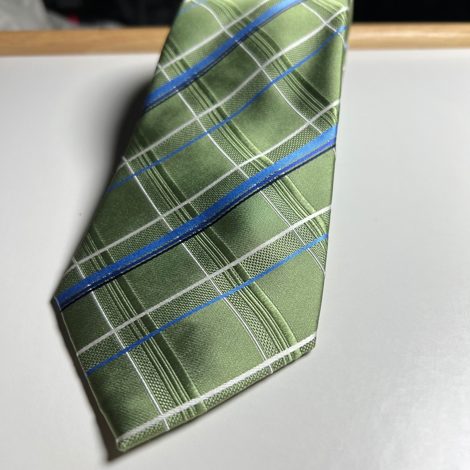 Mens Necktie Stain Resistant Plaid Green One Size